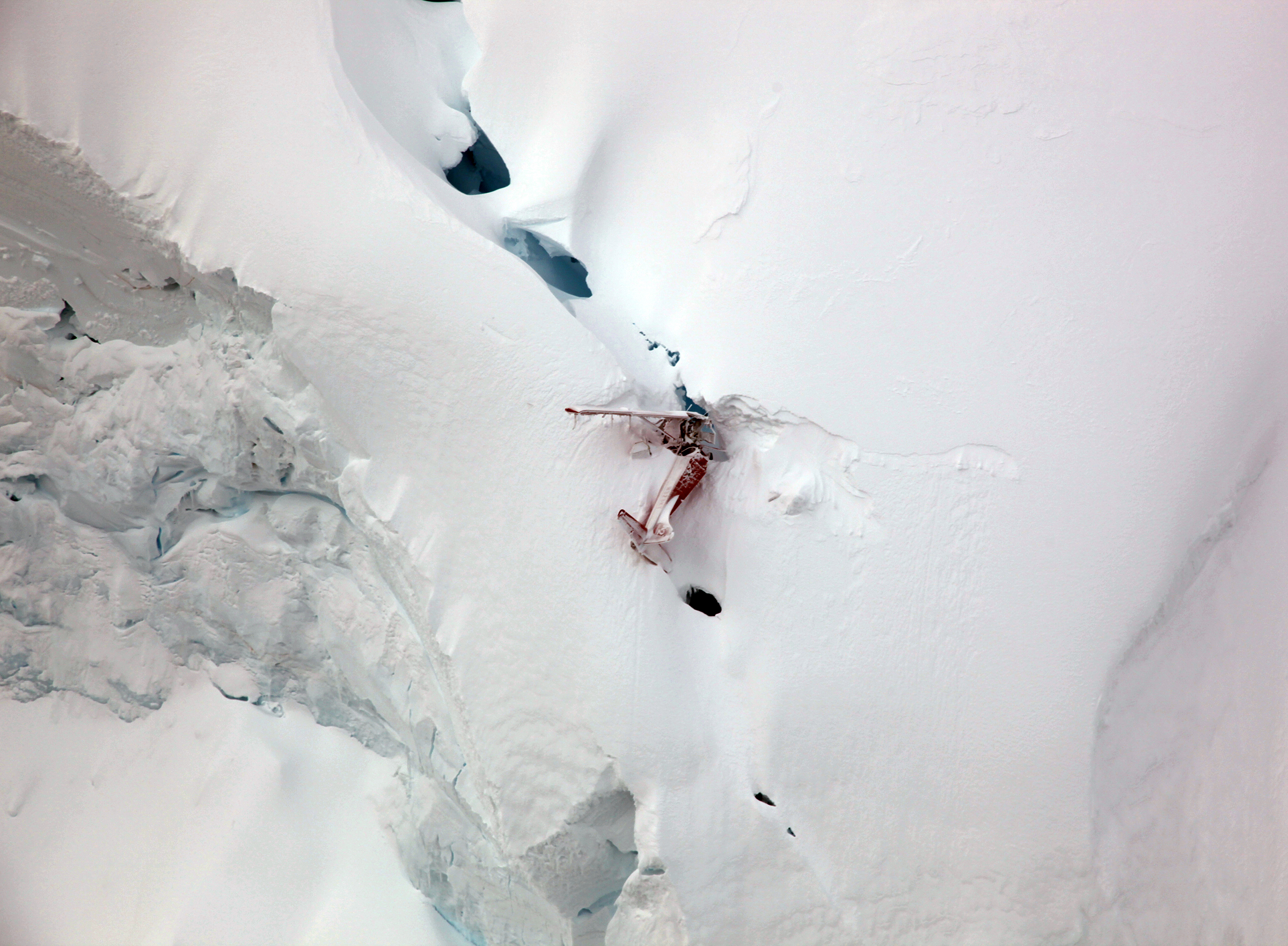 The wreckage of a de Havilland Beaver is seen near the summit of Thunder Mountain, about 14 miles southwest of the Denali summit. (Photo courtesy National Park Service)