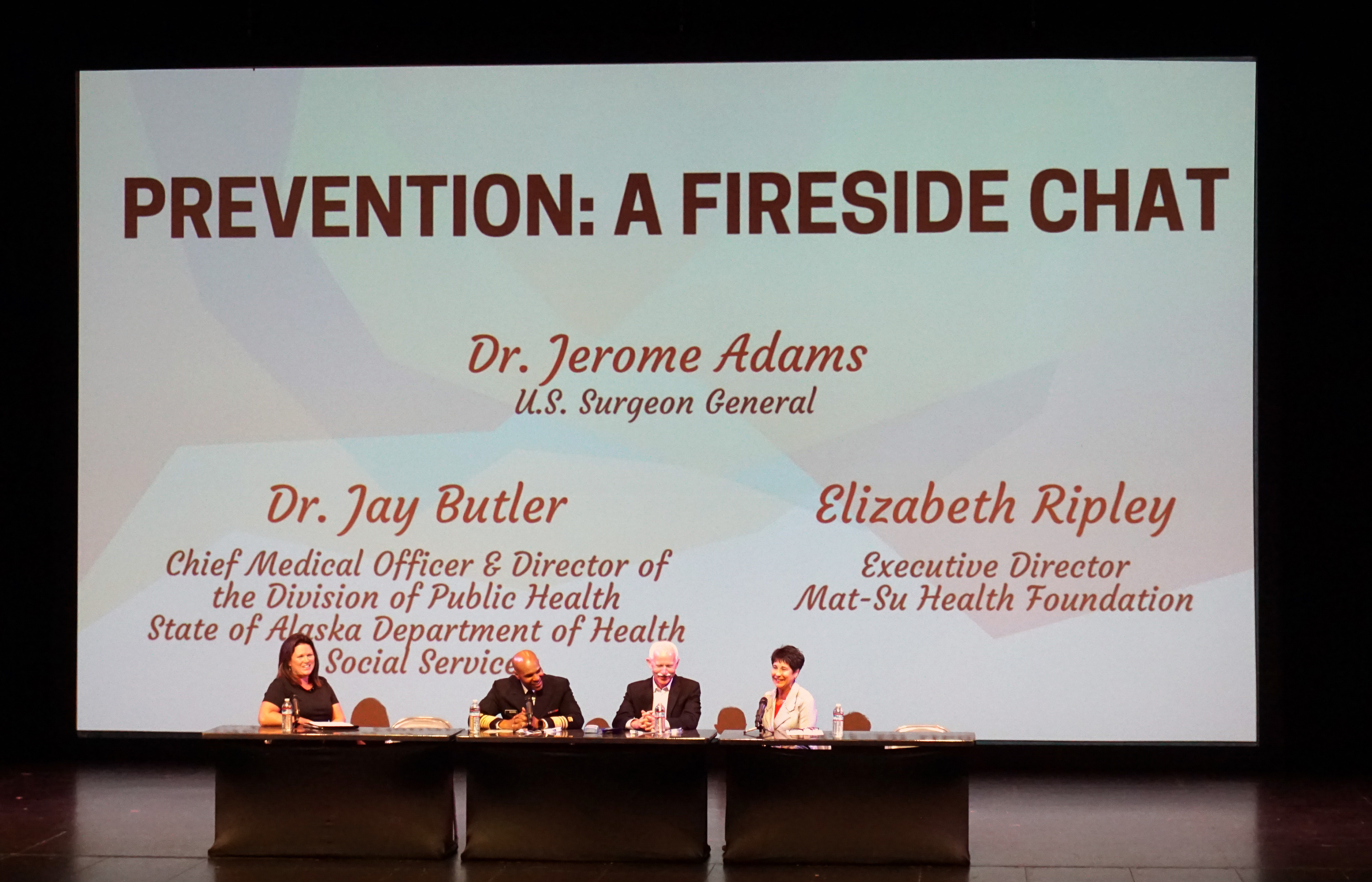 Stephanie Allen, left, Surgeon General Jerome Adams, Jay Butler and Elizabeth Ripley are part of a panel discussion at the Prevention Summit in Palmer. (Photo by Anne Hillman)