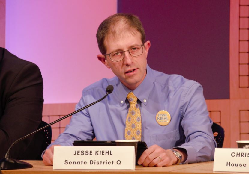 Democratic Senate District Q candidate Jesse Kiehl answers a question during a League of Women Voters of Juneau candidate forum for Juneau-area legislative candidates @360 on Tuesday, Oct. 9, 2018.