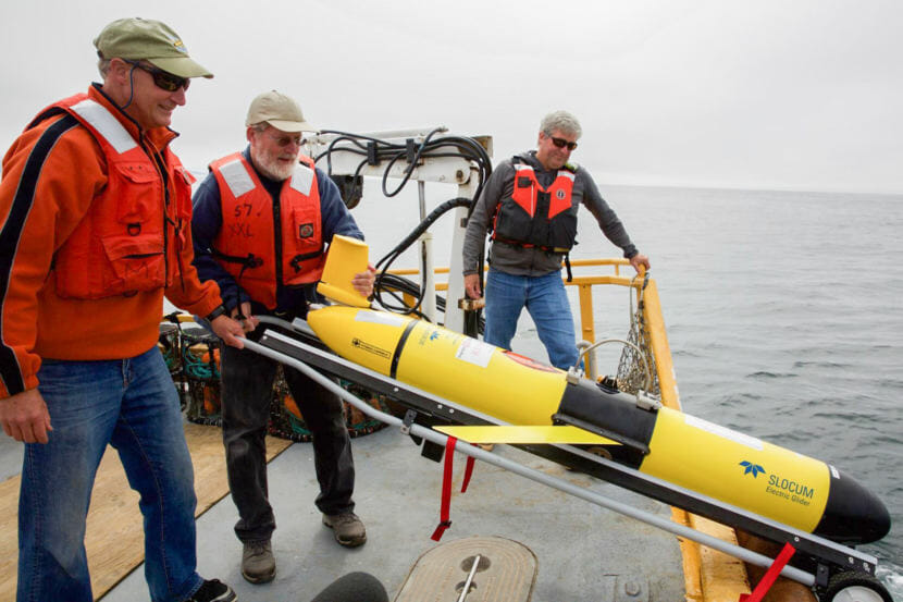 Oregon State University oceanographer Jack Barth deploys a glider that will spend weeks at sea collecting data on everything from dissolved oxygen levels to temperature. "When we used to think about hypoxia in the ocean, we think about little areas. But now what we're looking at is...out in the ocean, there's low oxygen...all along the coast," he says. (Photo by Kristian Foden-Vencil/NPR)