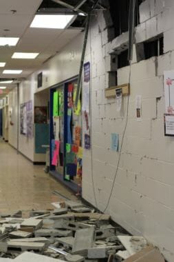 Parts of the walls at King Tech High School fell to the floor during the earthquake on Friday.
