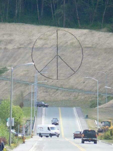 The slope at the end of Commercial Boulevard in Juneau cut and stabilized with jute meshing as part of the construction of the Home Depot in 2008. Surveyor Garrith McLean said that made for a good canvas -- hey laid out this peace sign with topsoil.