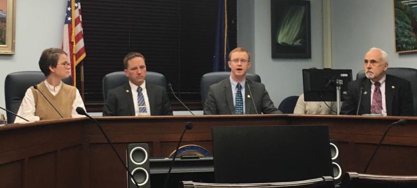 Reps. Sarah Vance, R-Homer; Ben Carpenter, R-Nikiski; David Eastman, R-Wasilla; and Bart LeBon, R-Fairbanks, discuss a plan to conduct House business without a permanent speaker, Feb. 13, 2019. Photo by Andrew Kitchenman/KTOO and Alaska Public Media