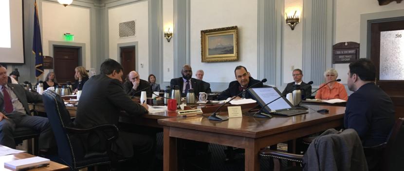Senate Finance Committee members hear testimony from Mouhcine Guettabi of the Institute of Social and Economic Research, March 7, 2019. (Photo by Andrew Kitchenman/KTOO and Alaska Public Media)
