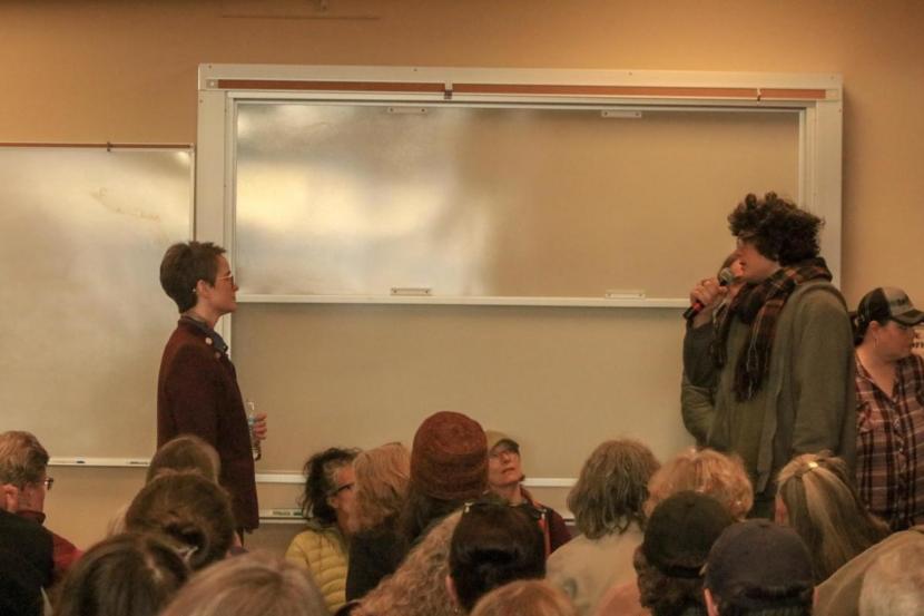 Homer High School senior Jesse Roach asks Rep. Sarah Vance to oppose cuts to education at a recent town hall.