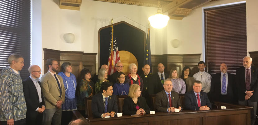 The Alaska House majority caucus holds a press conference about their approach to the closing days of the legislative session, May 10, 2019. (Photo by Andrew Kitchenman/KTOO and Alaska Public Media)