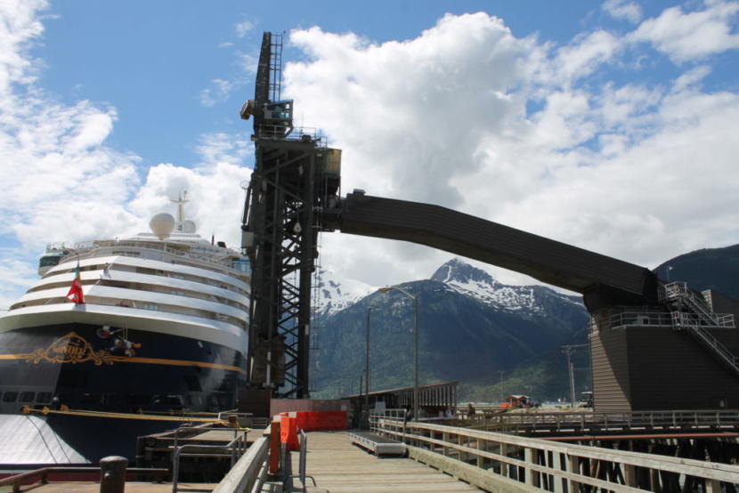 The Disney Wonder cruise ship docks near the ship loader at Skagway’s ore terminal. (Photo by Henry Leasia/KHNS)