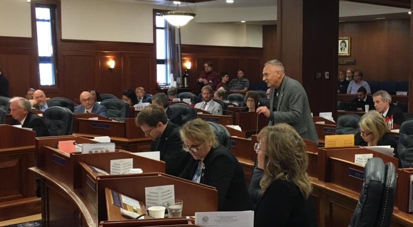 Rep. Dave Talerico, R-Healy, speaks in favor of Senate Bill 2002, which would fund the capital budget and maintain the power cost equalization and other funds. The draw from the Constitutional Budget Reserve in the bill passed, 32-7, on July 29, 2019, in the House chamber. (Photo by Andrew Kitchenman/KTOO and Alaska Public Media)