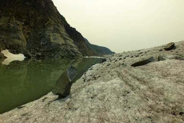 This dog-sized piece of granite rock, called a glacial erratic, stands naturally balanced on the edge of Mendenhall Glacier. The adjacent pool of water has spilled over from an ice dam that is holding back most of the water in Suicide Basin.