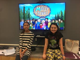 Nanibaa' Frommherz (left) and Isadora Kizer participated in a voice acting workshop led by creators of Molly of Denali, organized by the Central Council of the Tlingit and Haida Indian Tribes of Alaska, on Aug. 9, 2019. (Photo by Zoe Grueskin/KTOO)