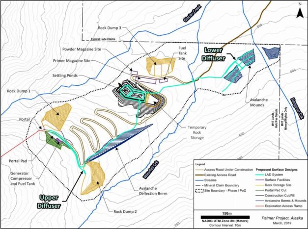 A map of the proposed excavation site, waste rock stockpiles and water diffusing system. (From the Application for Waste Management Permit for the Palmer Phase II Exploration Project.)