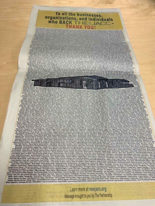 An ad that ran in the Juneau Empire on Sunday, Sept. 29, 2019 lists names of people and organizations who apparently signed a statement of support or contributed money to the The Partnership for a New JACC. (Photo by Adelyn Baxter/KTOO)