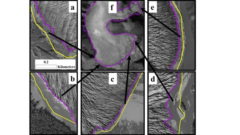 Overall satellite image of Taku Glacier in October 2018 (Image f). The Norris Glacier can be seen on the lower left hand corner and the Hole-in-the-Wall Glacier in the upper center portion (Closeup in image e). Purple lines show the glacier's leading edge or terminus in 2018 while yellow lines indicate the terminus in 2013. (Courtesy of Christopher McNeil/USGS)