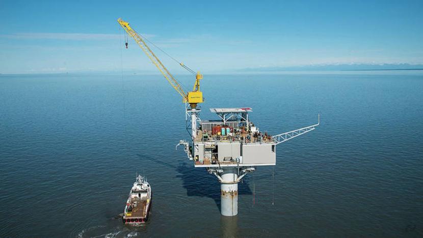 Furie Operating Alaska’s Julius R Platform, installed in 2015 in Cook Inlet. Furie filed for bankruptcy on Aug. 9 and was purchased at a court auction by former Gov. Bill Walker’s oil and gas adviser John Hendrix for $15 million. (Photo courtesy Anchorage Daily News via Furie Operating Alaska)
