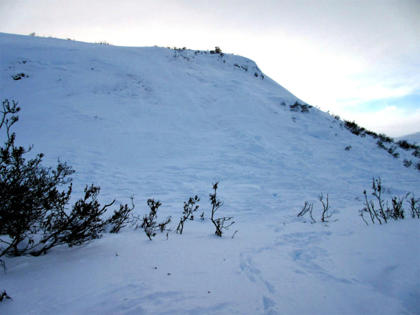 Close up view of the crown where the avalanche started on Dec. 30, 2019 that killed two men and partially buried another person. This hill is located near the entrance to the Chuck Creek Trail, also known as the Samuel Glacier parking lot, in the Chilkat Pass or Haines Pass area. The avalanche appeared to extend as much as 300 feet wide.