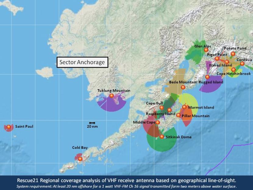 A map showing VHF signal coverage areas in Southcentral Alaska.