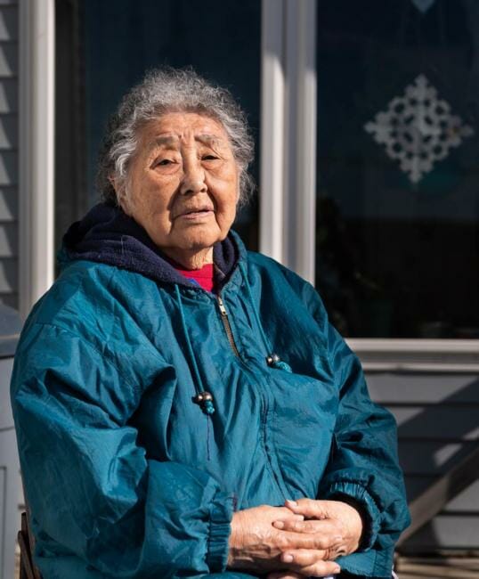 Eula David outside her home in Bethel, Alaska during the coronavirus pandemic on May 7, 2020. (Katie Basile/KYUK)