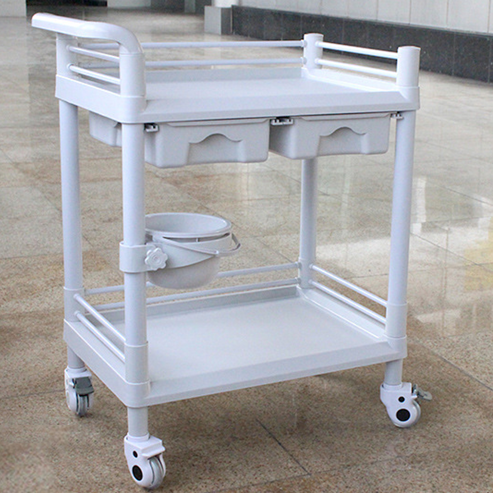 2-Tier ABS Beauty Salon Trolleys with Universal Wheel and Armrest, double Drawers & Dirt Bucket, Medical Service Cart for Laboratory, Beauty Salon, Clinic, Hospital