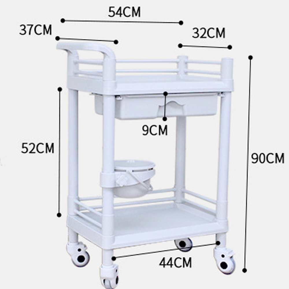 2-Tier ABS Beauty Salon Trolleys with Universal Wheel and Armrest, single Drawers & Dirt Bucket, Medical Service Cart for Laboratory, Beauty Salon, Clinic, Hospital