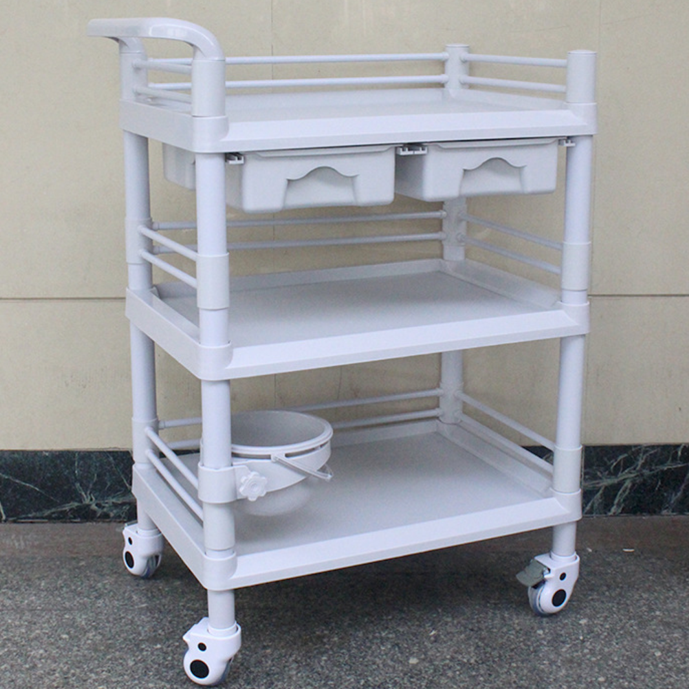 3-Tier ABS Beauty Salon Trolleys with Universal Wheel and Armrest, double Drawers & Dirt Bucket, Medical Service Cart for Laboratory, Beauty Salon, Clinic, Hospital