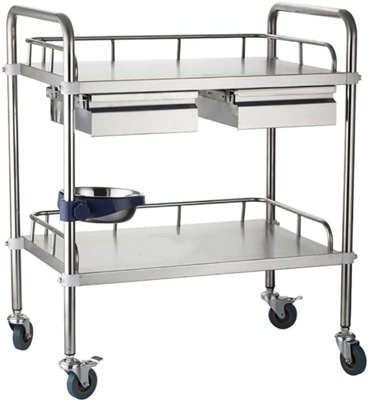 2-Tier Stainless Steel Beauty Salon Trolleys with Universal Wheel and Armrest, double Drawers & Dirt Bucket, Medical Service Cart for Laboratory, Beauty Salon, Clinic, Hospital