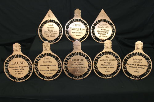 Shiny, flat, copper awards in the shape of water drops and light bulbs with cut out letters spelling Sustainability Awards 2020. In the center are the names of the particular awardee.