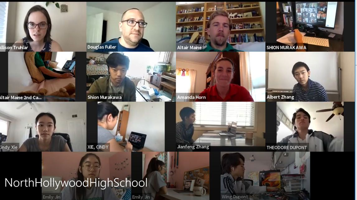 Image of a virtual science competition. Grids show several students at their computer competing.