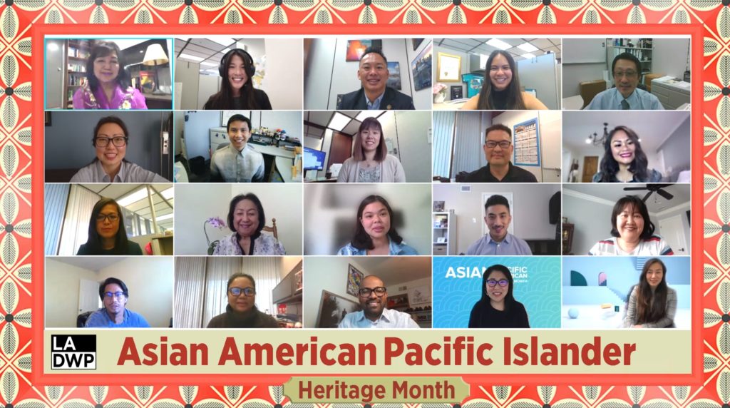 Image of a group of people on a video conference call with text that reads Asian American Pacific Islander Heritage Month