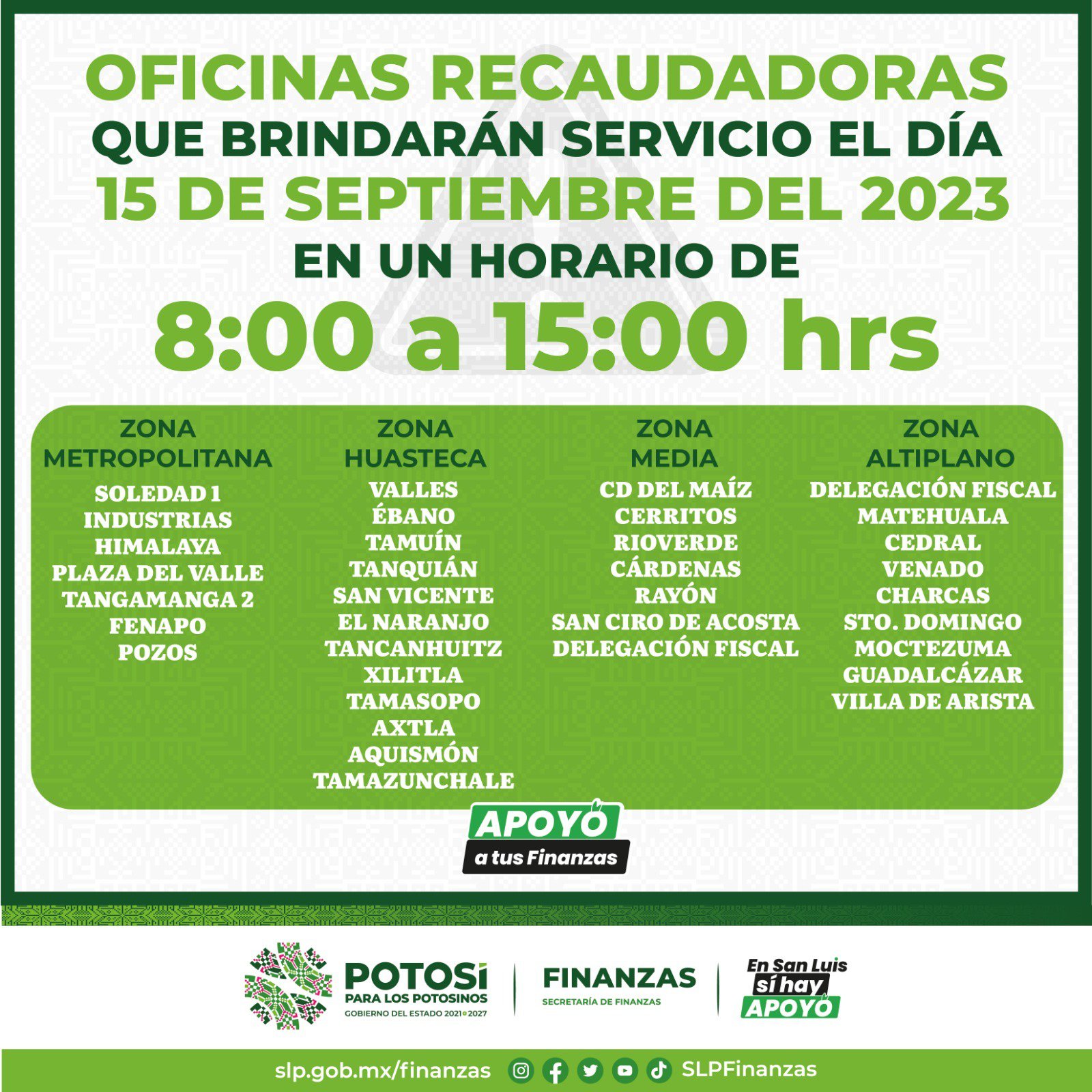 SEFIN BRINDARÁ SERVICIO EN 35 RECAUDADORAS DE SLP ESTE 15 DE SEP