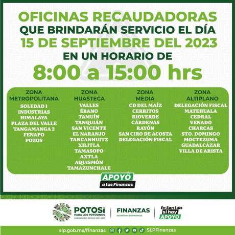 SEFIN BRINDARÁ SERVICIO EN 35 RECAUDADORAS DE SLP ESTE 15 DE SEP