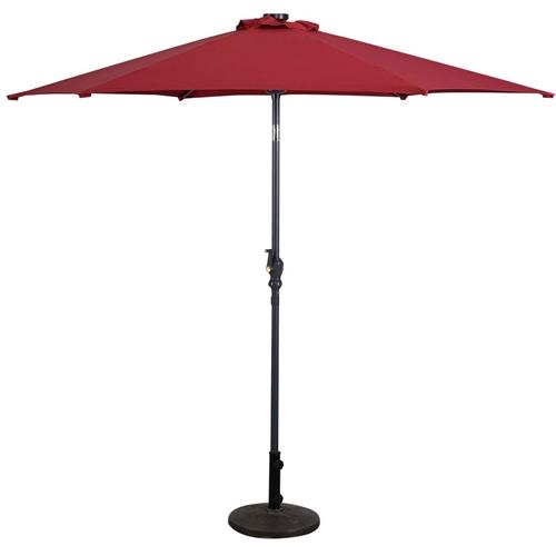 Burgundy 9 Ft Umbrella With Steel Pole Crank Tilt And Solar Led Lights