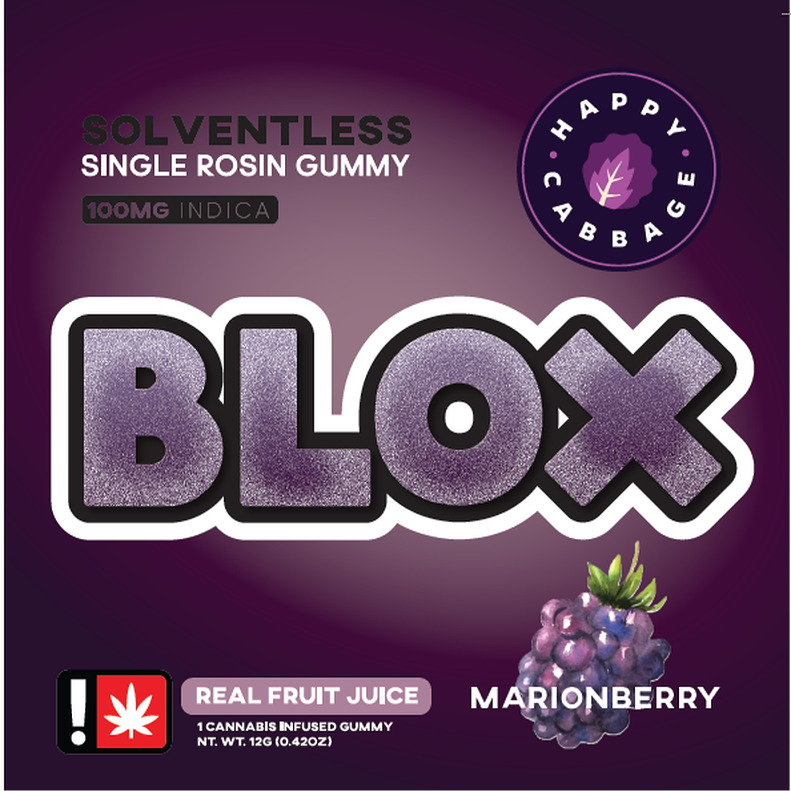 Happy Cabbage: Marionberry Indica Blox Solventless Single Rosin Gummy