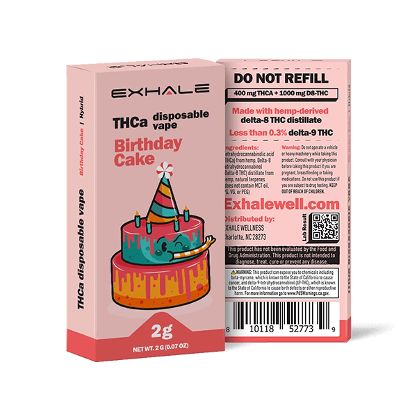 EXHALE WELLNESS: Exhale Wellness - Birthday Cake - THCa + Delta 8 THC Disposable  Vape - 2g