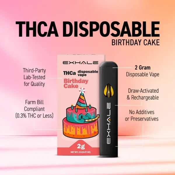 EXHALE WELLNESS: Exhale Wellness - Birthday Cake - THCa + Delta 8 THC Disposable  Vape - 2g