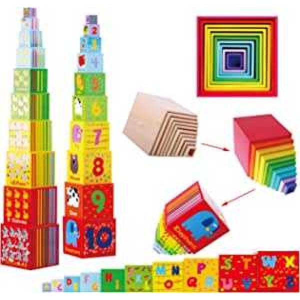 Wooden Stacking Boxes-Nesting and Sorting Cups Numbers Alphabet Animals Blocks for Toddlers-Stacking Cubes Educational Toys for 2 years old Montessori Materials