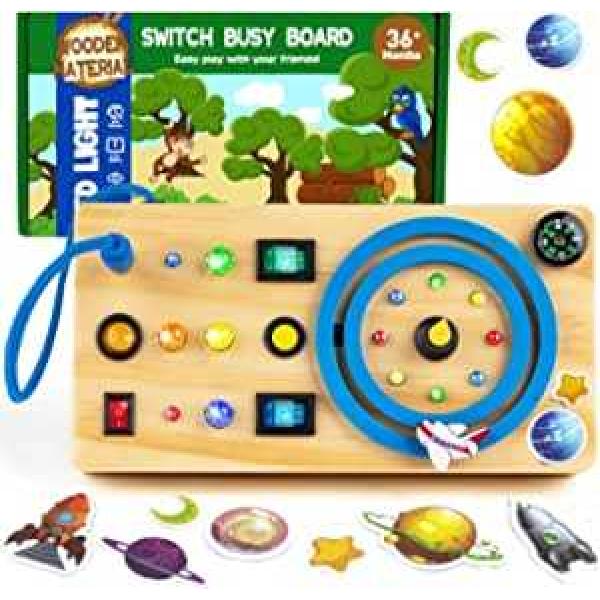 Montessori Busy Board for Kids Wooden Sensory Toys for Toddlers LED Light Switch Board Electronic Early Development Toys for Age 1-3 Kids Boys Girls