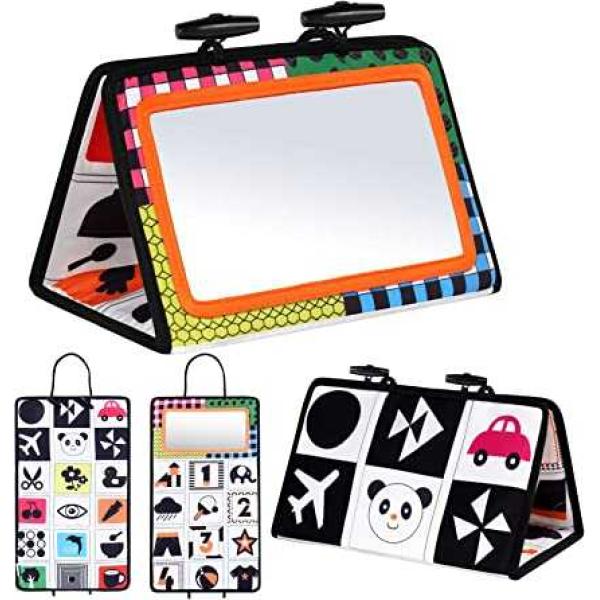 ummy Time Mirror, Baby Mirror Black and White Sensory Toys Tummy Time Activity Mirror, Baby Mirror Toy Safe Foldable with High Contrast Patterns Play and Pat Activity Mat for Newborn Infants