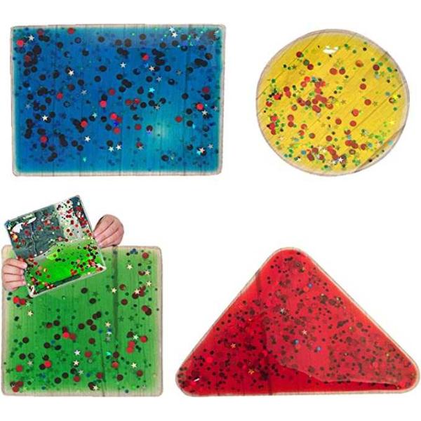Playlearn Sensory Gel Shapes with Glitter & Colourful Liquid, Squidgy Jelly Fidgeting Toy, Lie on Light Table or Handheld (4 Pack)