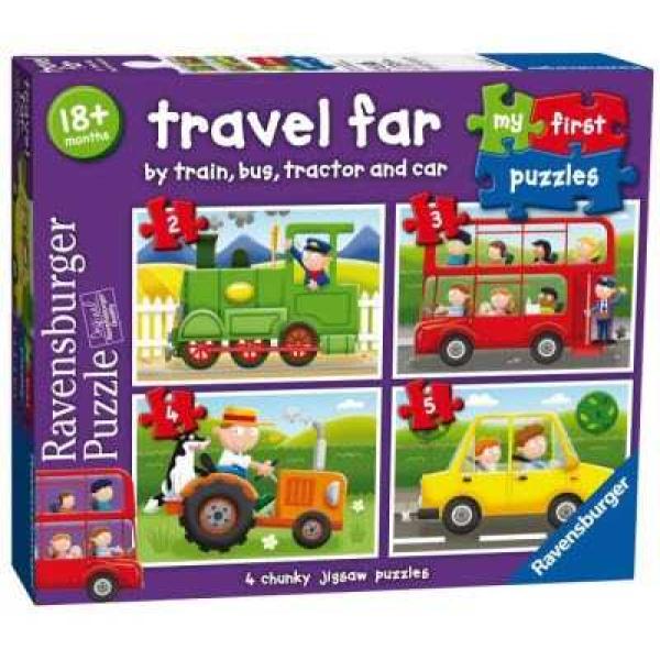 Transport puzzel "Trein, bus, tractor en auto" (4 in een doos - Met grote stukjes) (Ravensburger) "My first Puzzles" - "Travel Far"