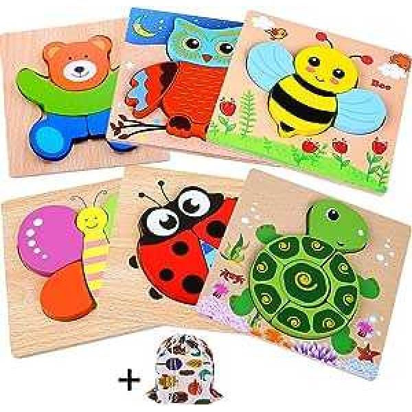 Wooden Toddler Puzzles, 6 Pack Animal Wooden Jigsaw Puzzles for Kids Baby Boys Girls Brain Development Preschool Learning Educational Toy, Extra Drawstring Bag for Easy Storage