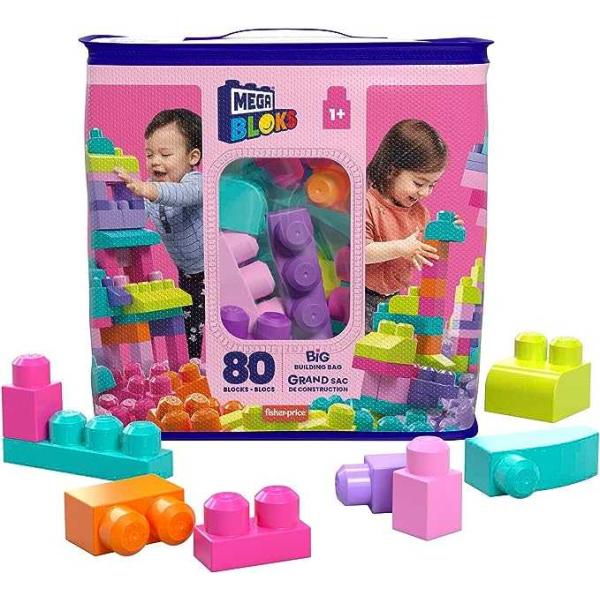 MEGA BLOCKS Toddler Block Toys, Big Building Bag with 80 Pieces and Storage Bag, Pink,