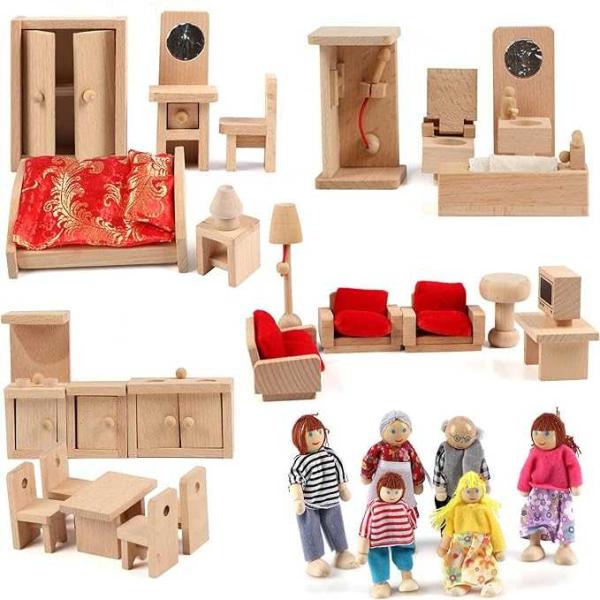 Set Dollhouse Furniture Accessories with a family of dolls Decoration Pretend Play Toys