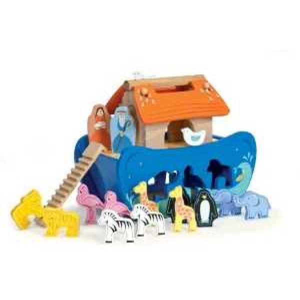 Toddlers Wooden Noah's Ark Toy Animal Playset,