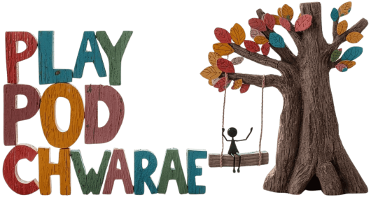 Play Pod Chwarae logo, letters made out of reclaimed wood and colourful, the logo has a tree on the right hand side with a swing and figure riding it
