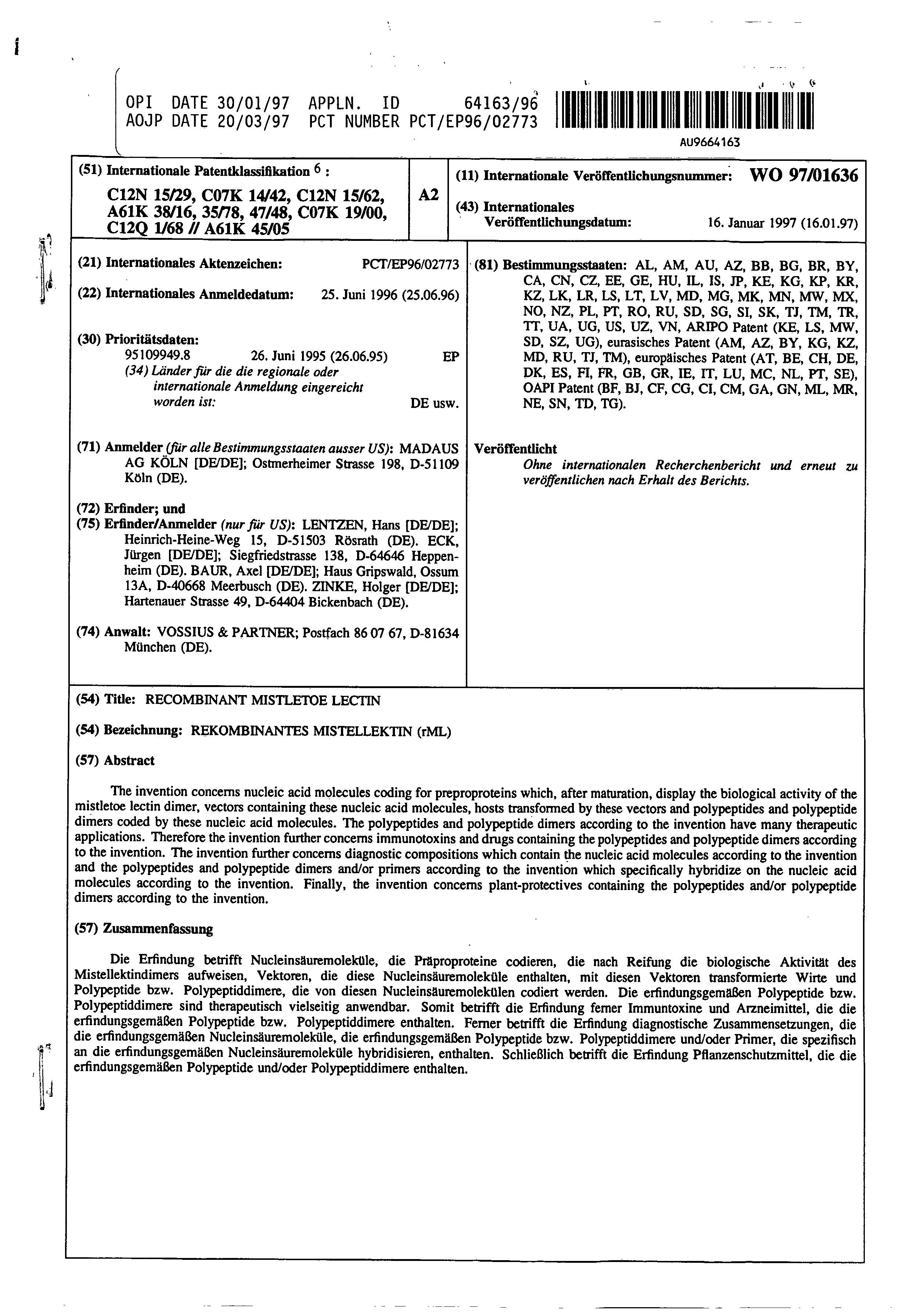 Au 719297 B2 Recombinant Mistletoe Lectin The Lens Free