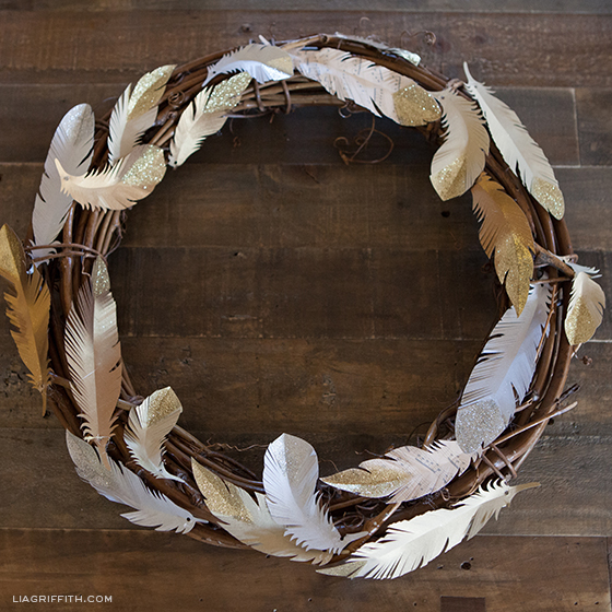 Paper feather wreath with gold and silver glitter