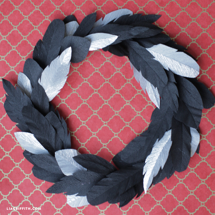 crepe paper crow feather wreath