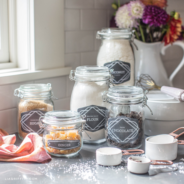 pantry labels on jars for sugar, flour, chocolate, coconut, and ginger