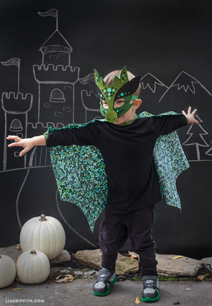 Boy wearing felt dragon no sew costume