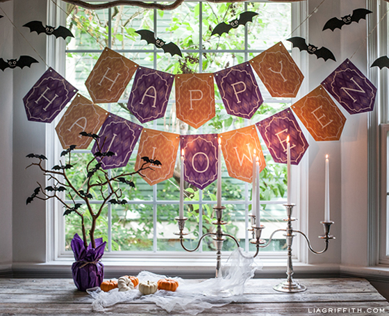 Happy Halloween banner and decorative bats